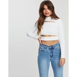 Missguided Ribbed High Neck Top With Cut Out Detail In White Size 8 US / 12 UK